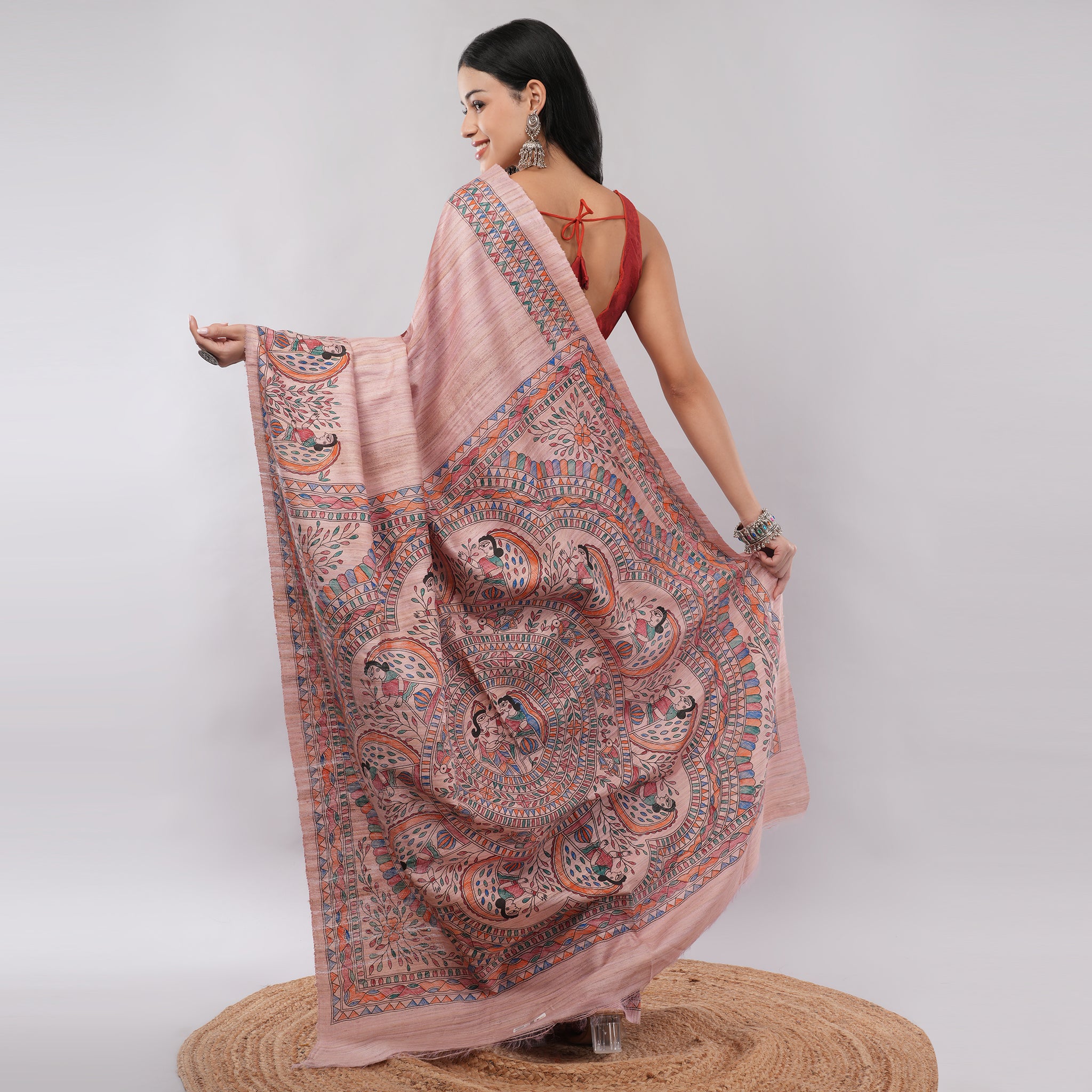 Pink Ghicha Silk Madhubani Hand Painted Saree with Blouse Piece – Village Artisan Crafted Traditional Indian Saree | Amarcharkha