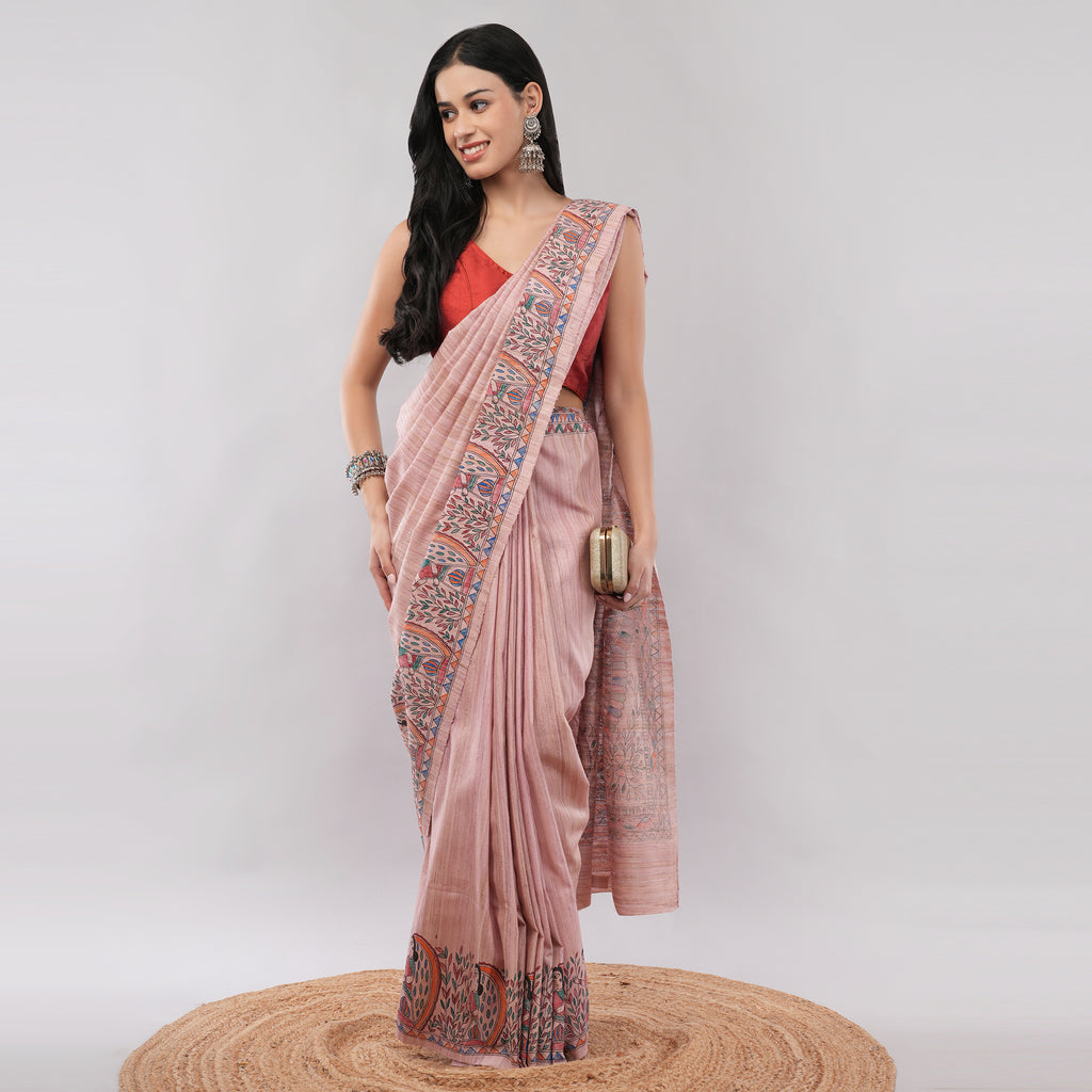Pink Ghicha Silk Madhubani Hand Painted Saree with Blouse Piece – Village Artisan Crafted Traditional Indian Saree | Amarcharkha
