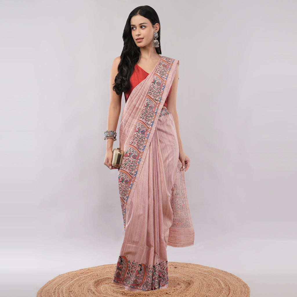 Pink Ghicha Silk Madhubani Hand Painted Saree with Blouse Piece – Village Artisan Crafted Traditional Indian Saree | Amarcharkha