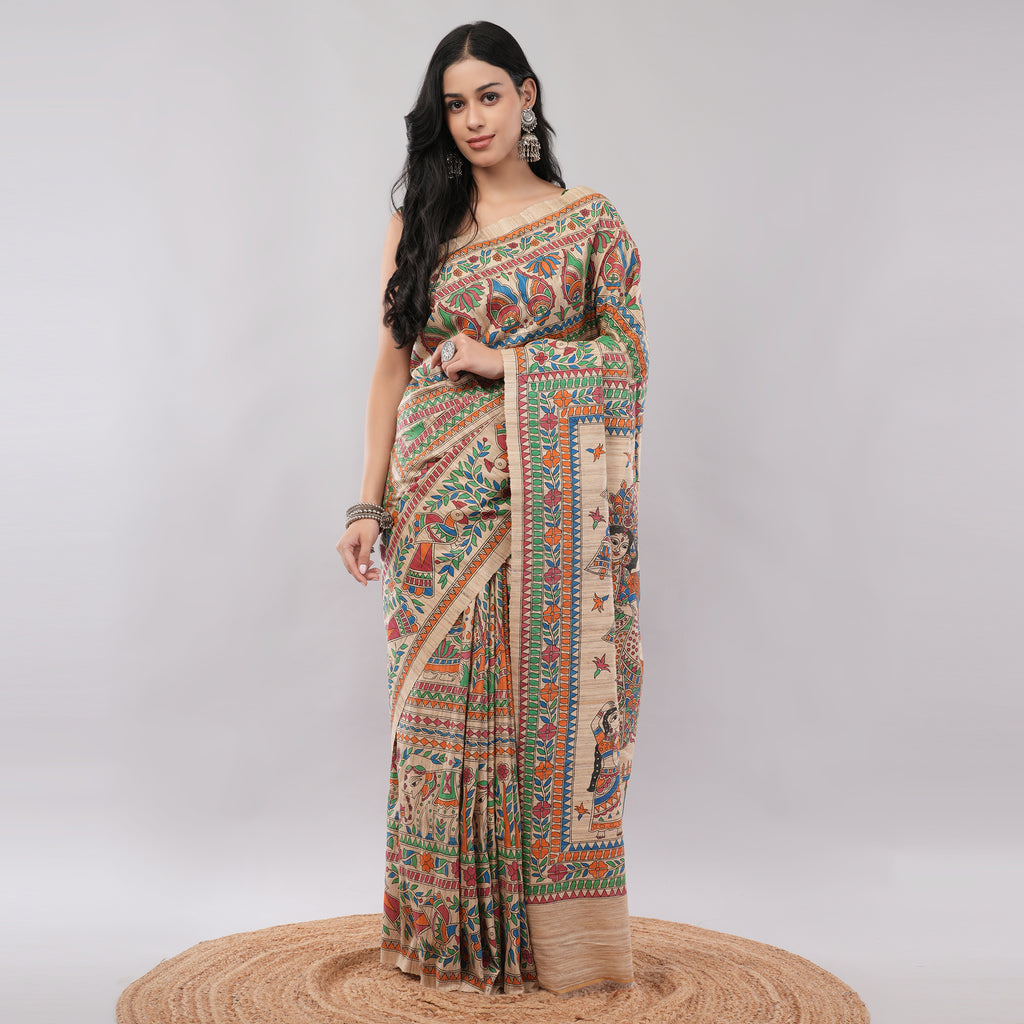 Beige Ghicha Silk Madhubani Hand Painted Saree with Blouse Piece – Heritage Handcrafted Traditional Indian Saree | Amarcharkha