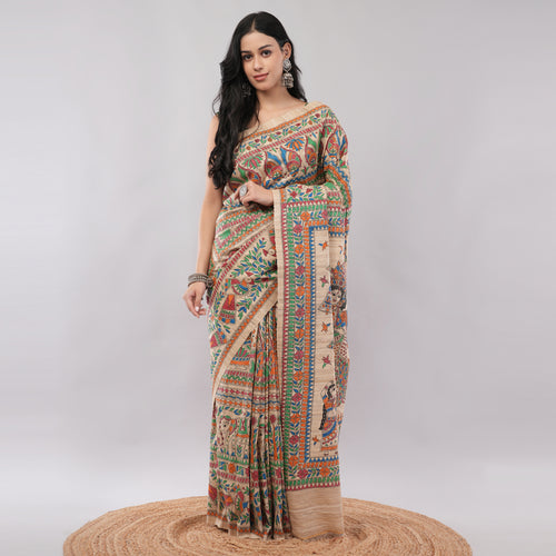 Beige Ghicha Silk Madhubani Hand Painted Saree with Blouse Piece – Heritage Handcrafted Traditional Indian Saree | Amarcharkha