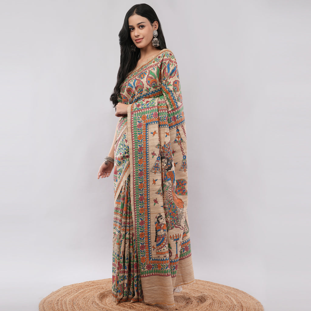 Beige Ghicha Silk Madhubani Hand Painted Saree with Blouse Piece – Heritage Handcrafted Traditional Indian Saree | Amarcharkha