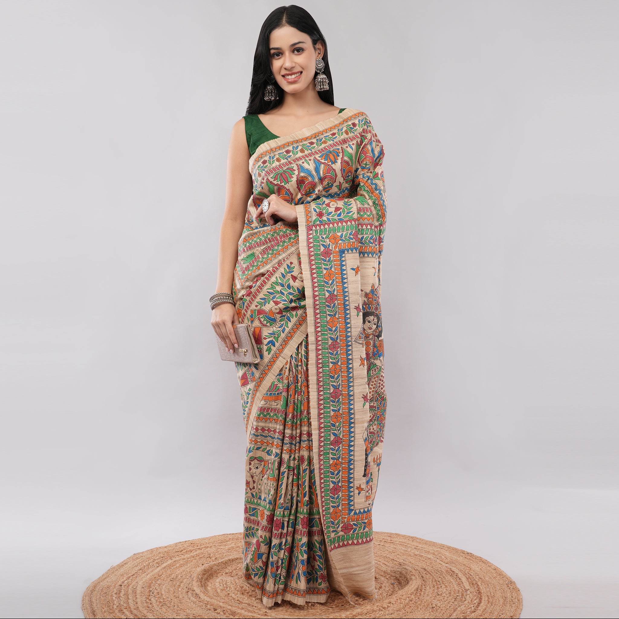 Beige Ghicha Silk Madhubani Hand Painted Saree with Blouse Piece – Heritage Handcrafted Traditional Indian Saree | Amarcharkha