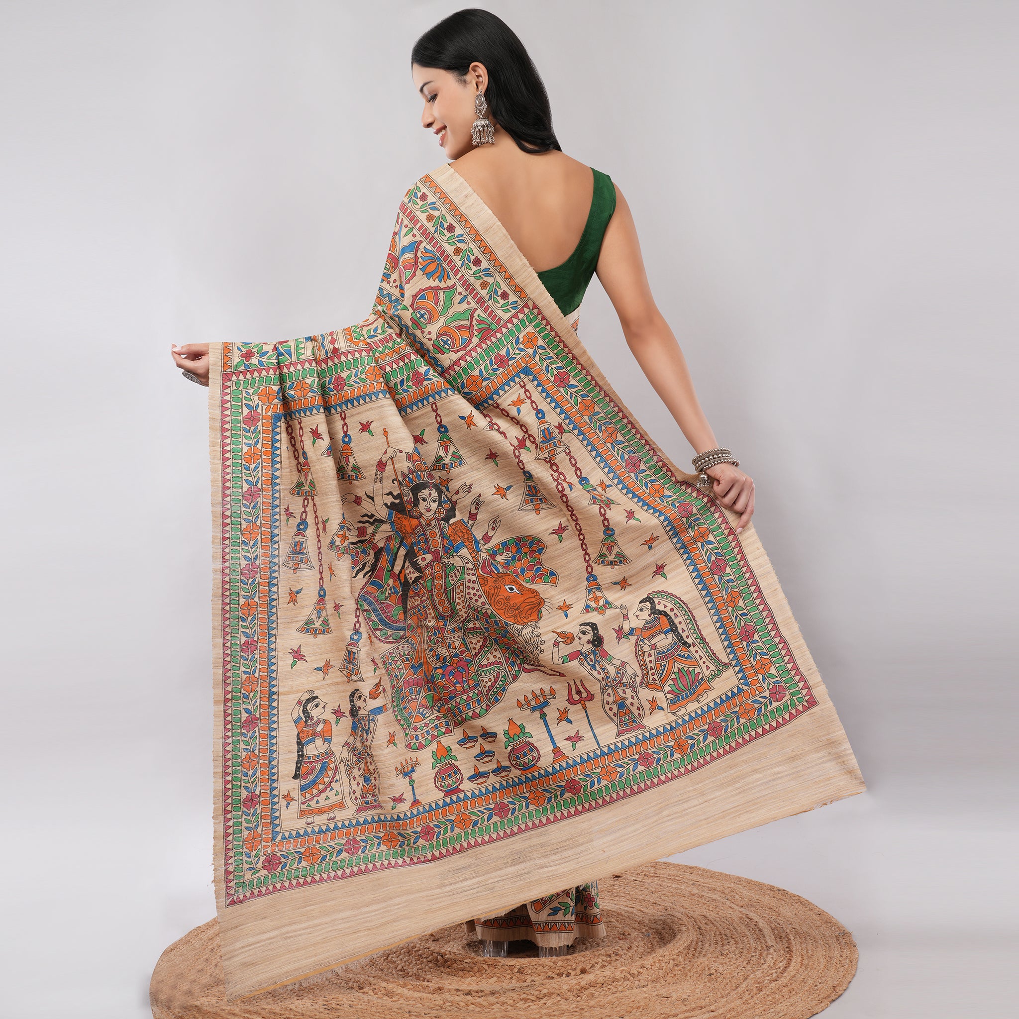 Beige Ghicha Silk Madhubani Hand Painted Saree with Blouse Piece – Heritage Handcrafted Traditional Indian Saree | Amarcharkha
