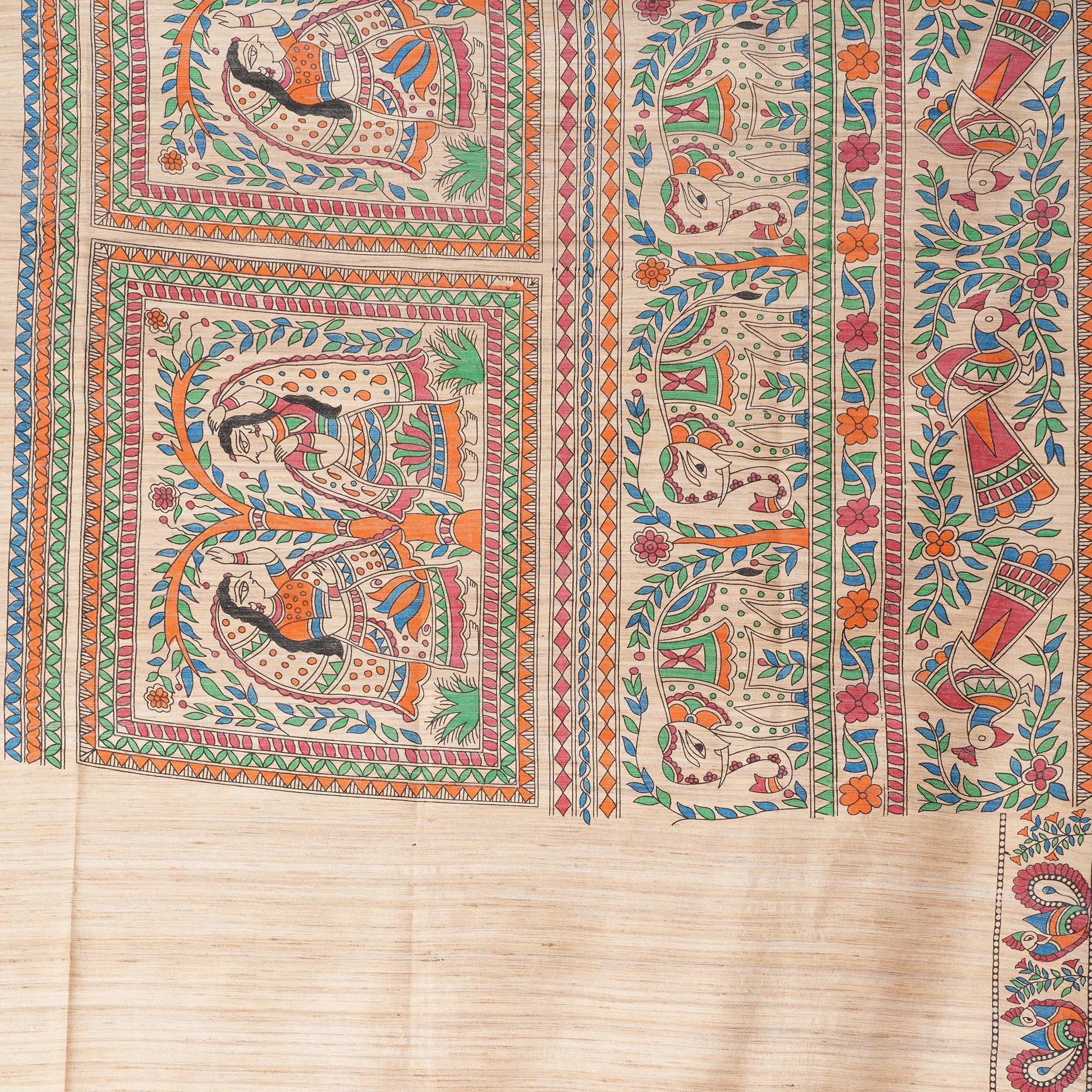 Beige Ghicha Silk Madhubani Hand Painted Saree with Blouse Piece – Heritage Handcrafted Traditional Indian Saree | Amarcharkha