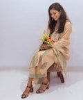 Beige cotton hand-block printed kurta, pant & dupatta set