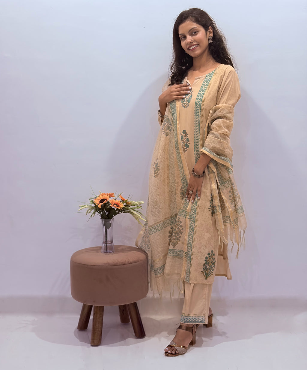 Beige cotton hand-block printed kurta, pant & dupatta set