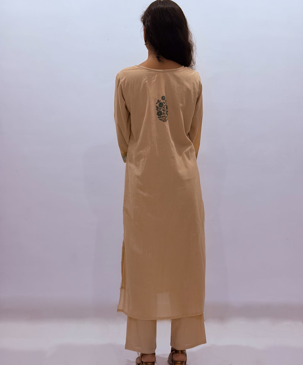 Beige cotton hand-block printed kurta, pant & dupatta set