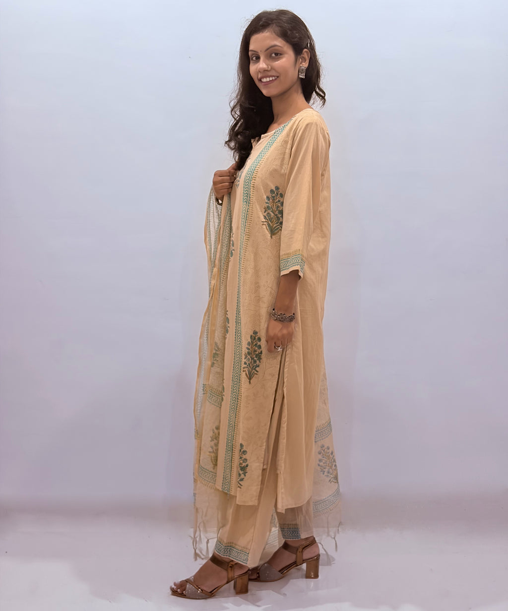 Beige cotton hand-block printed kurta, pant & dupatta set