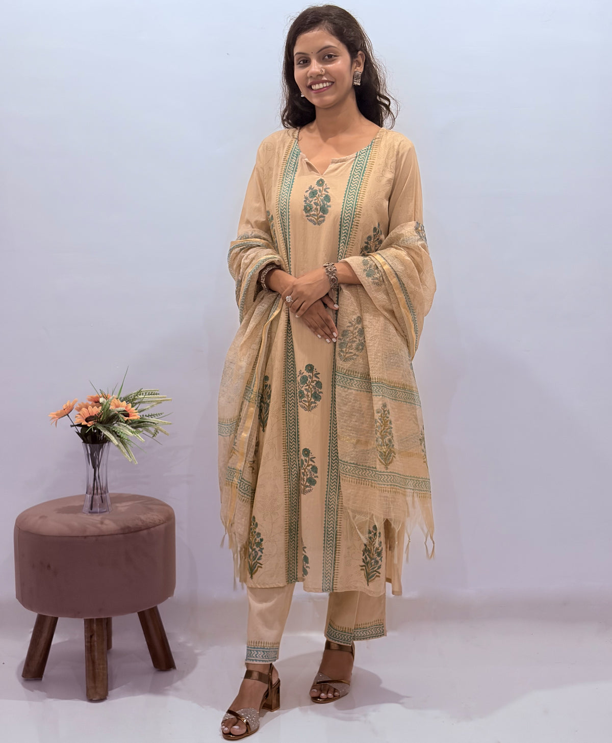 Beige cotton hand-block printed kurta, pant & dupatta set