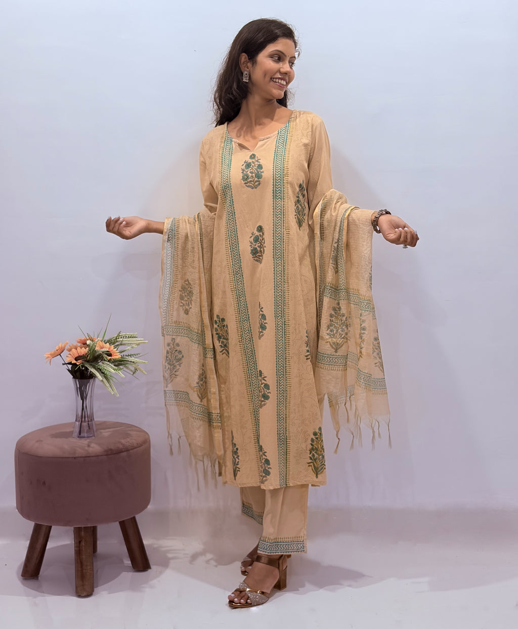 Beige cotton hand-block printed kurta, pant & dupatta set