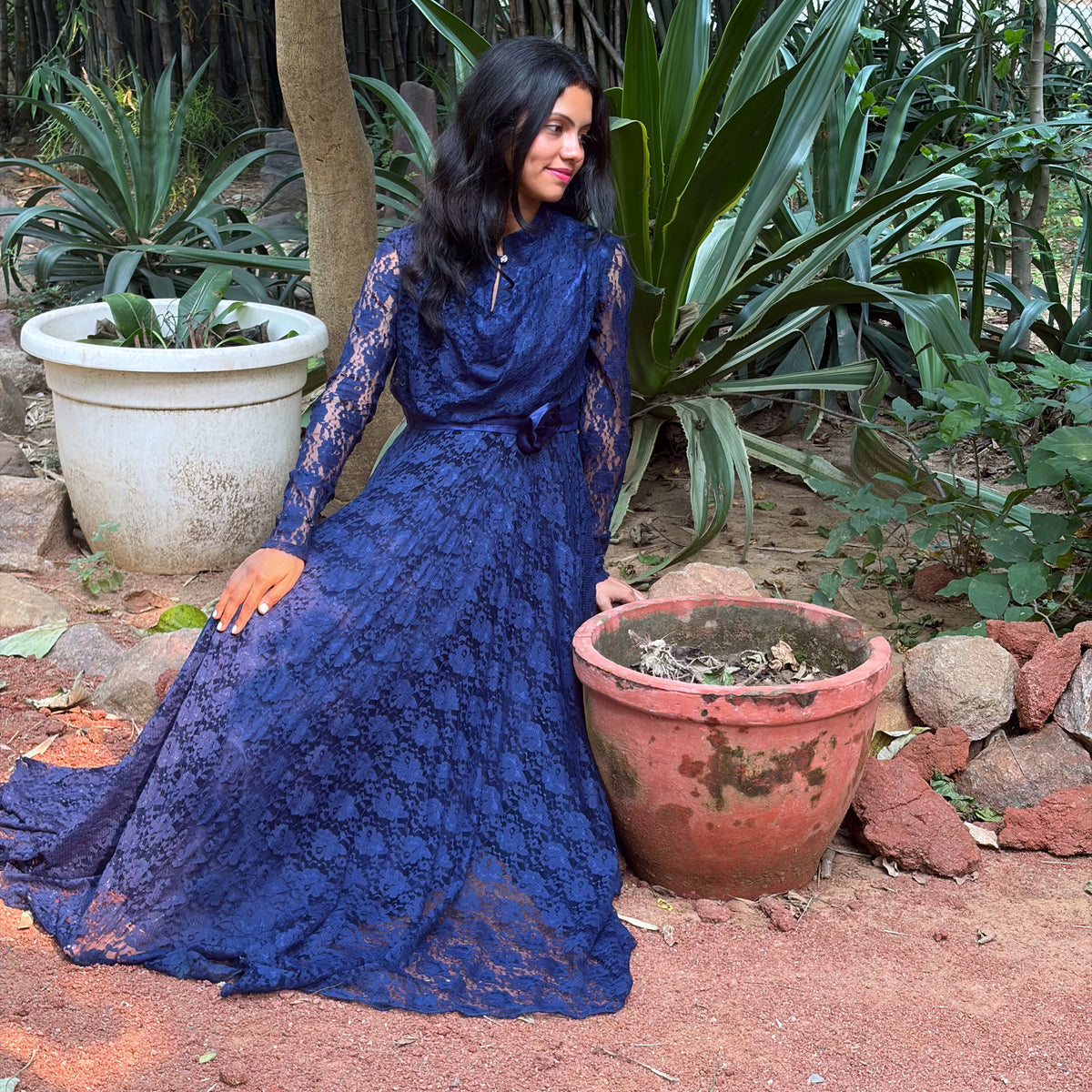 Navy Blue High-Neck Lace Gown With Waist Rosette
