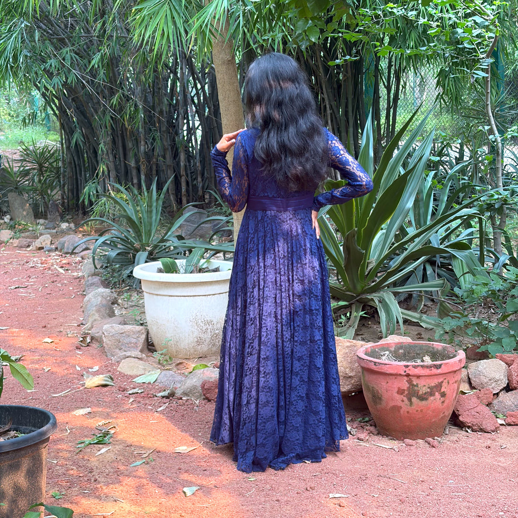 Navy Blue High-Neck Lace Gown With Waist Rosette