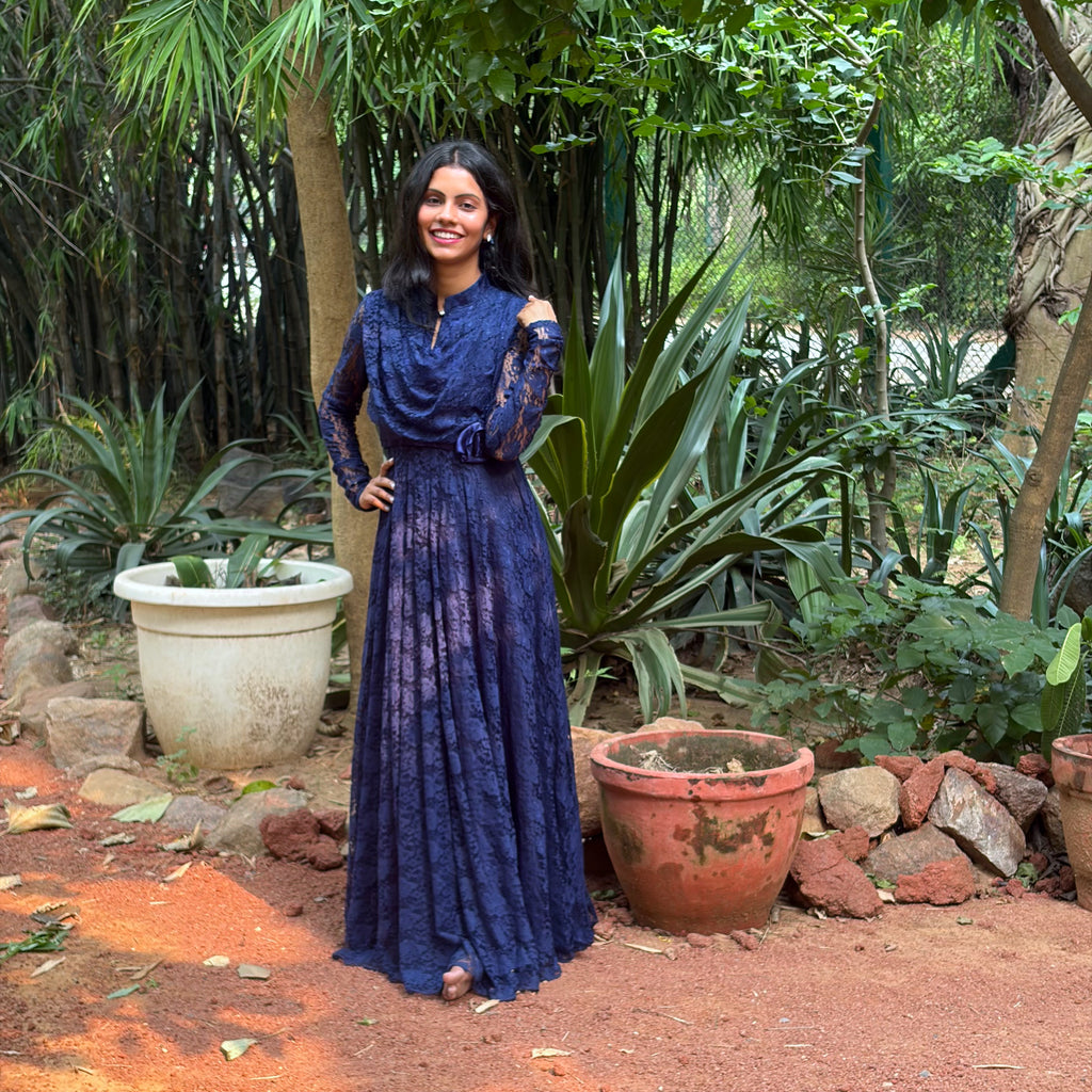 Navy Blue High-Neck Lace Gown With Waist Rosette