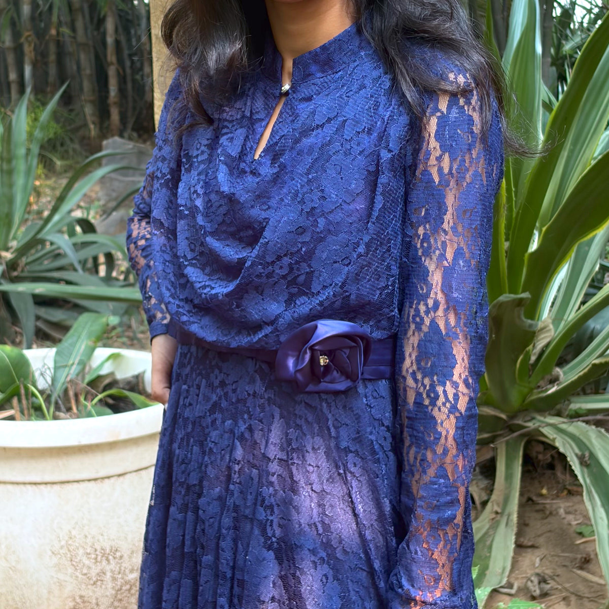 Navy Blue High-Neck Lace Gown With Waist Rosette