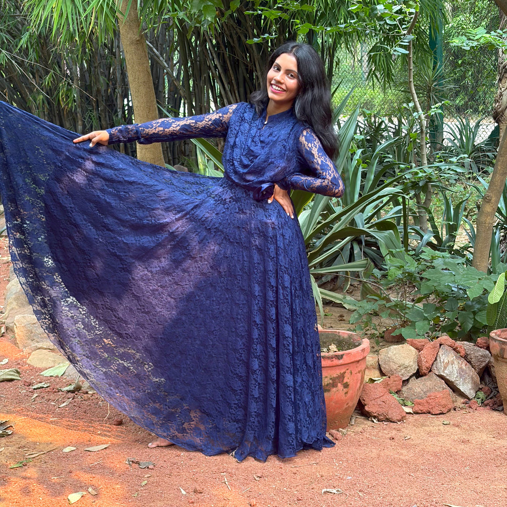 Navy Blue High-Neck Lace Gown With Waist Rosette