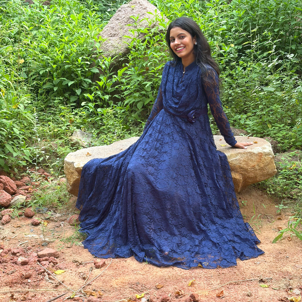 Navy Blue High-Neck Lace Gown With Waist Rosette