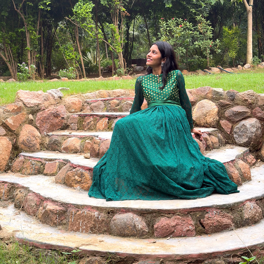 Dark Green High-Neck Lace Gown With Waist Band