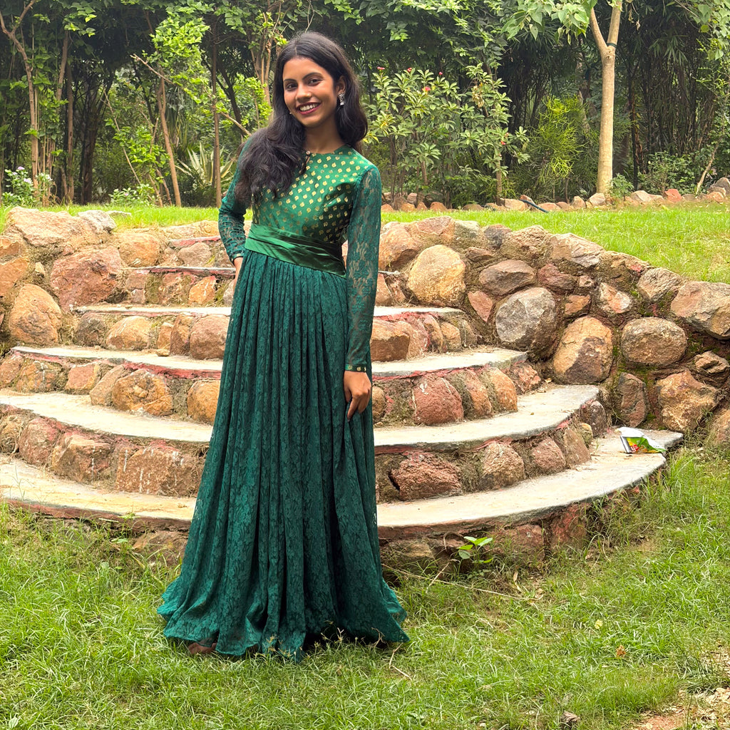 Dark Green High-Neck Lace Gown With Waist Band