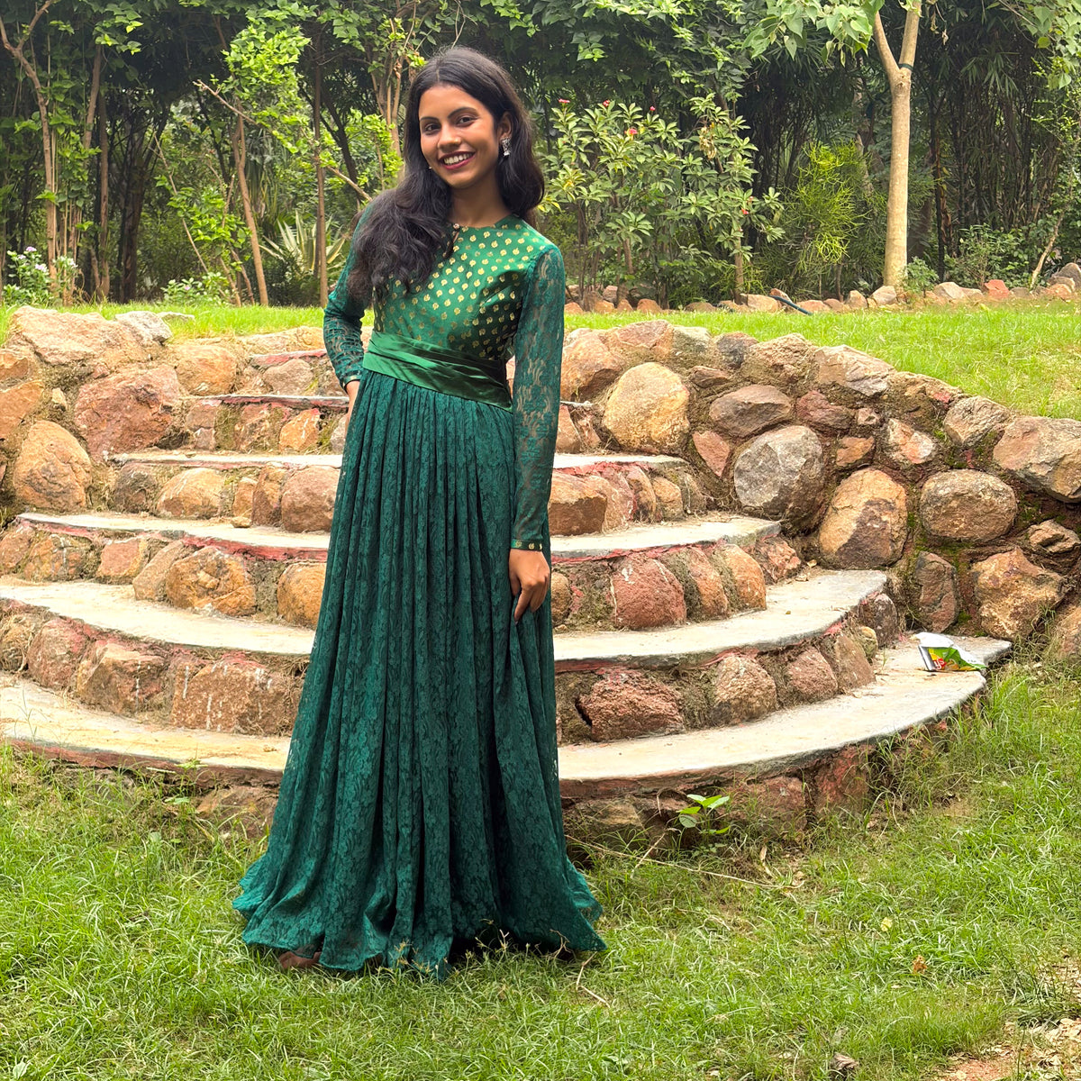 Dark Green High-Neck Lace Gown With Waist Band