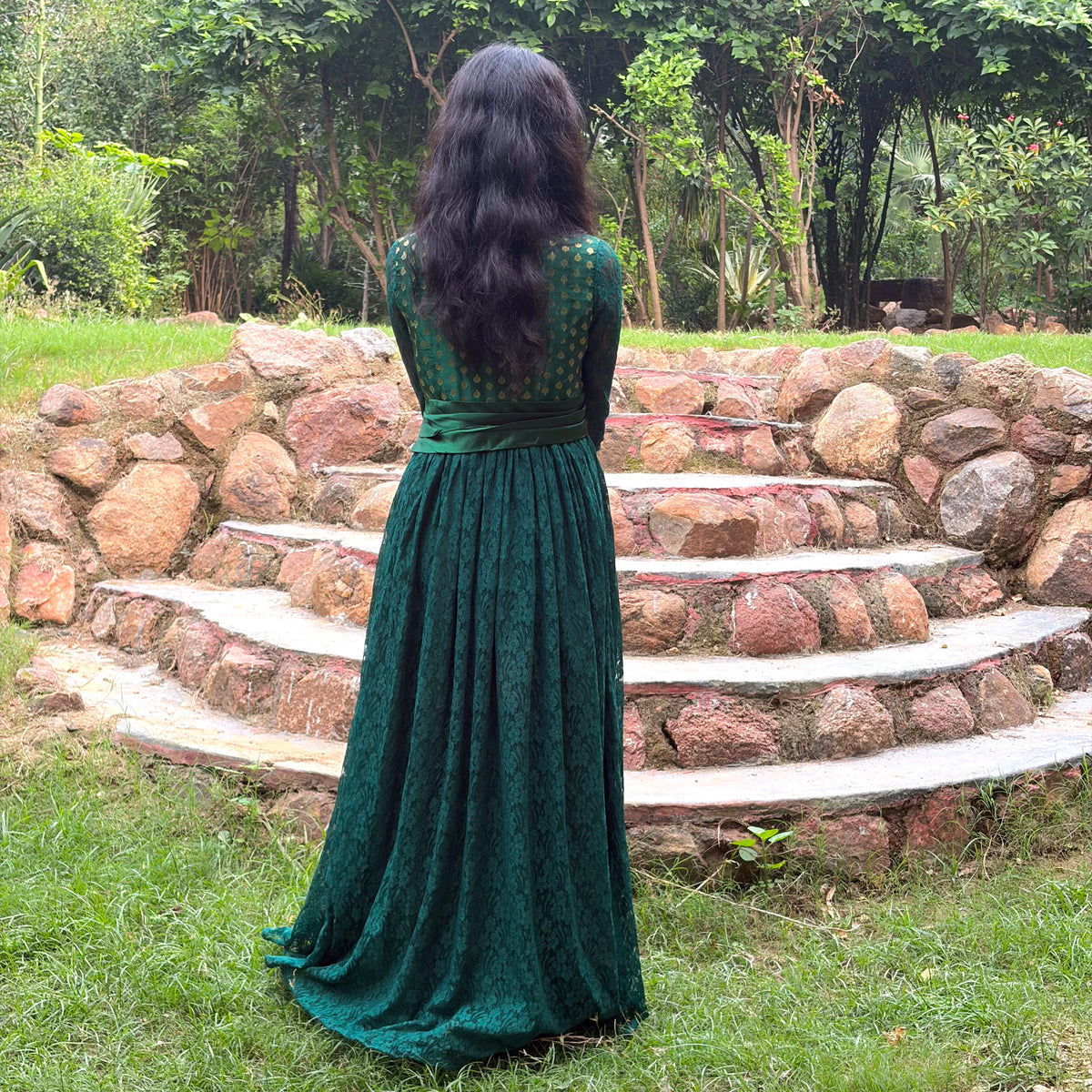 Dark Green High-Neck Lace Gown With Waist Band