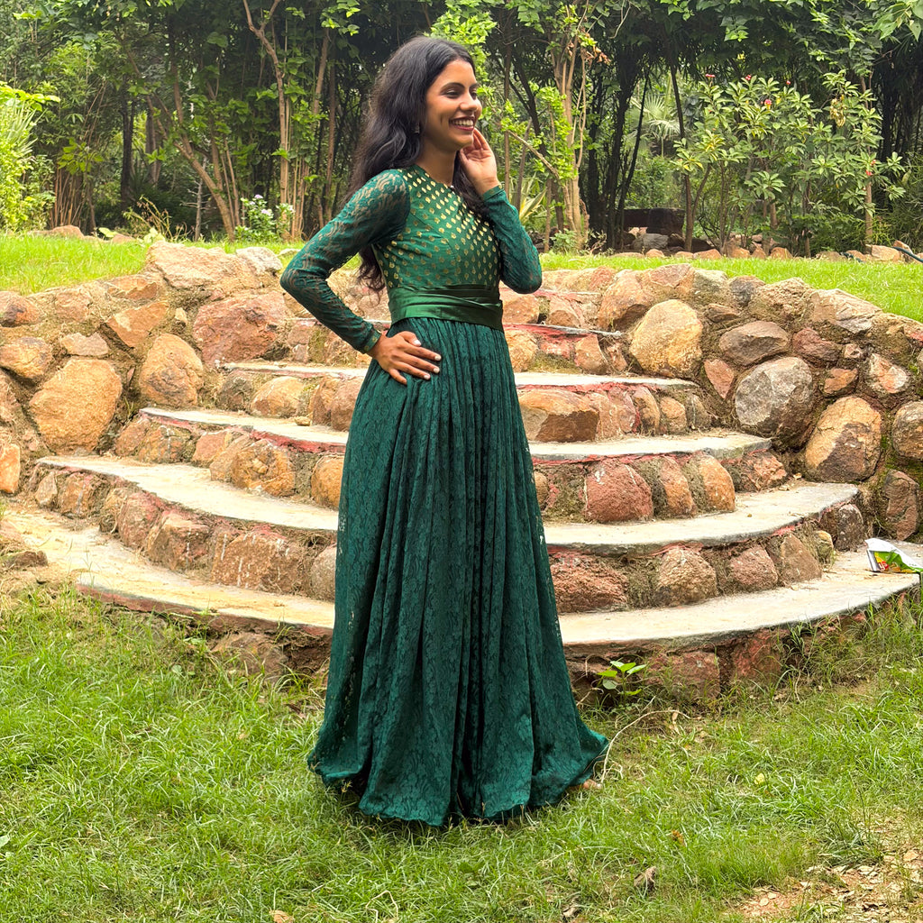 Dark Green High-Neck Lace Gown With Waist Band