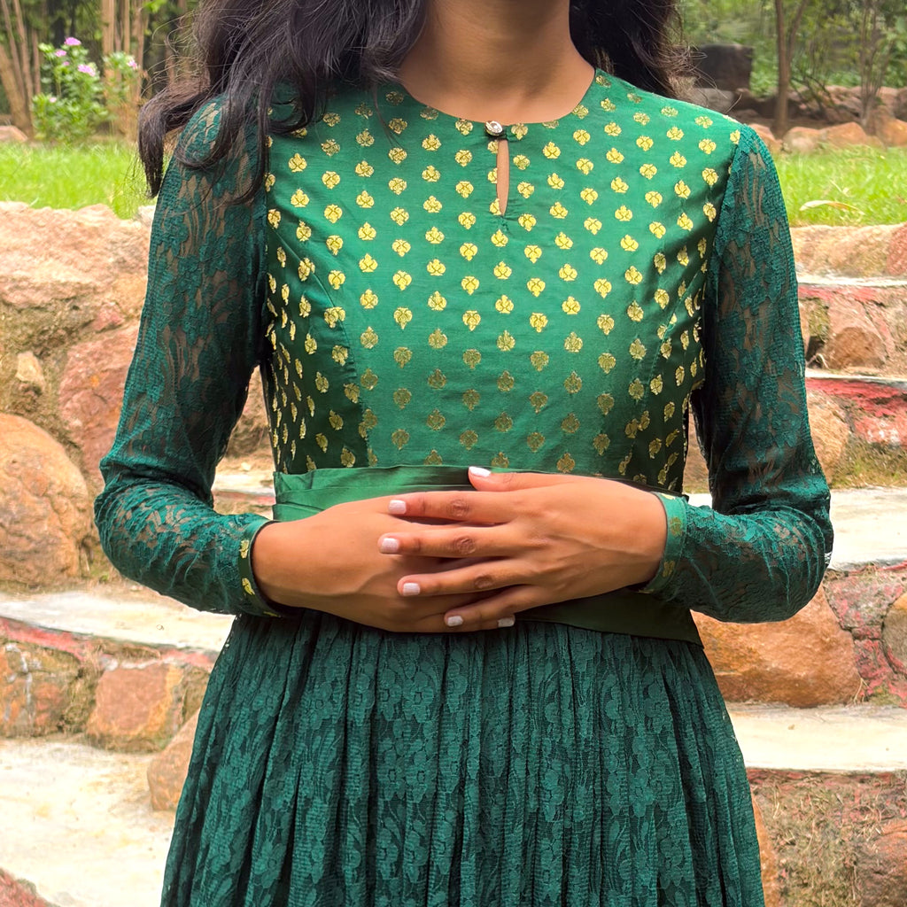 Dark Green High-Neck Lace Gown With Waist Band