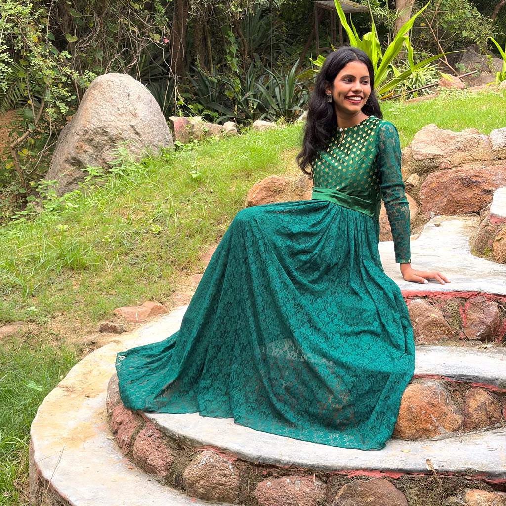 Dark Green High-Neck Lace Gown With Waist Band