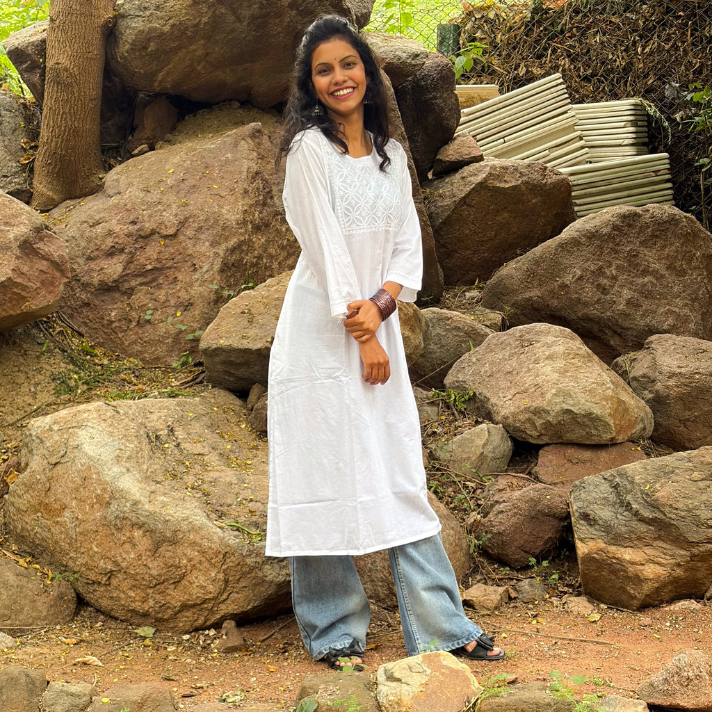 White Cotton Chikankari Long Kurta With Contemporary Look