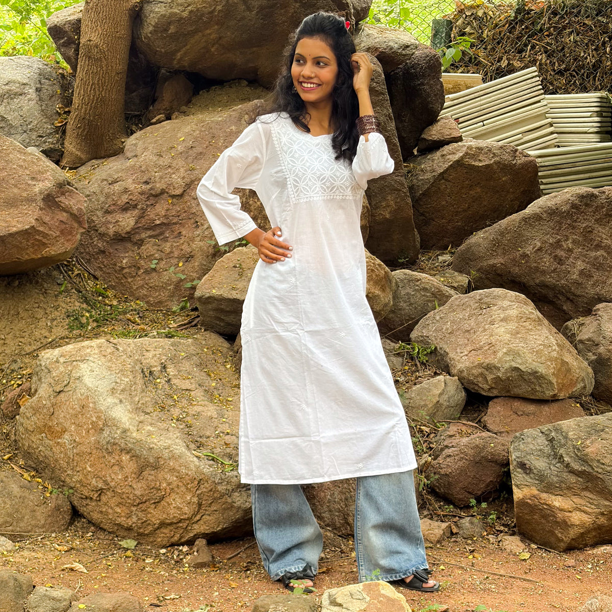 White Cotton Chikankari Long Kurta With Contemporary Look