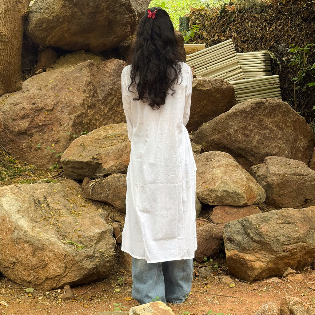 White Cotton Chikankari Long Kurta With Contemporary Look