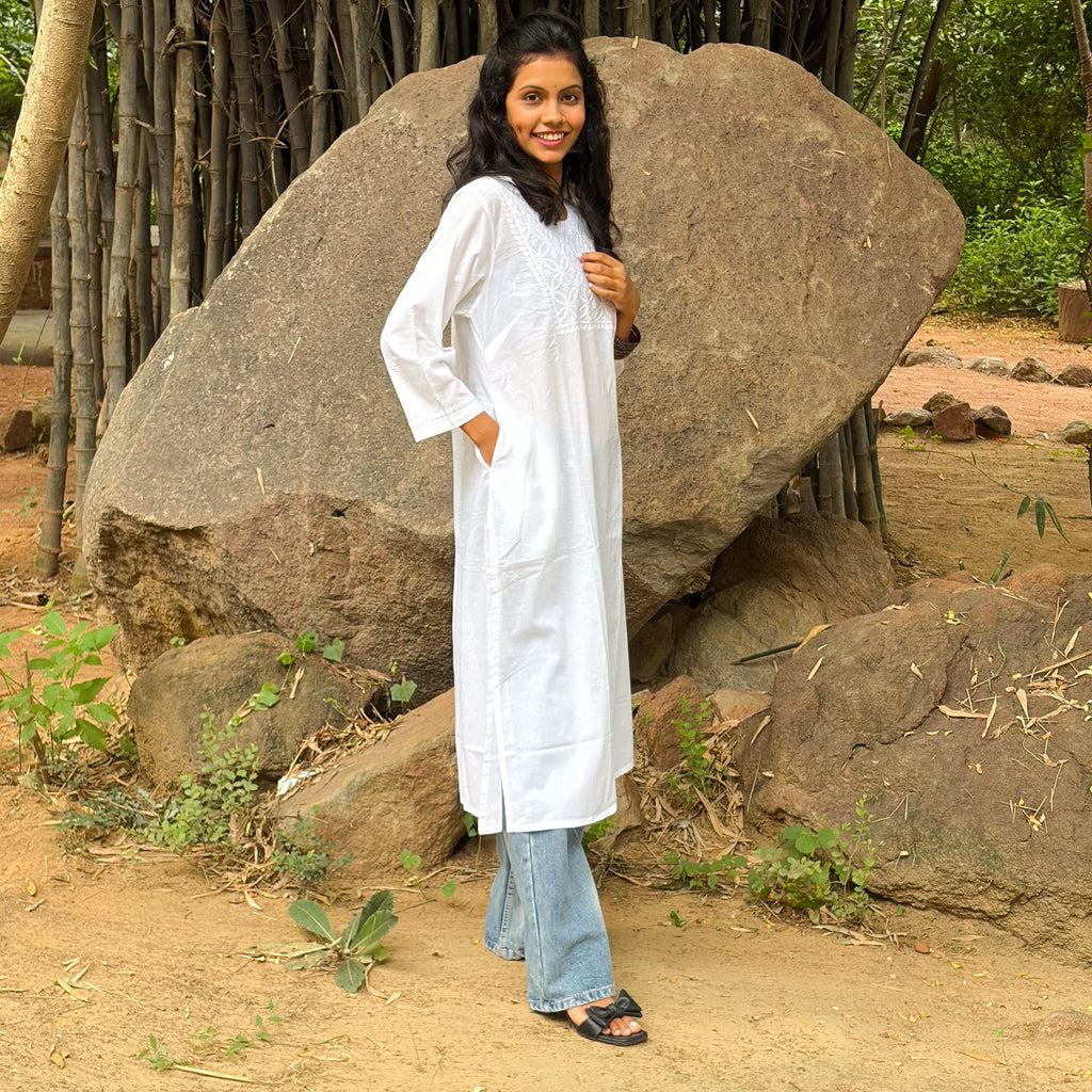 White Cotton Chikankari Long Kurta With Contemporary Look