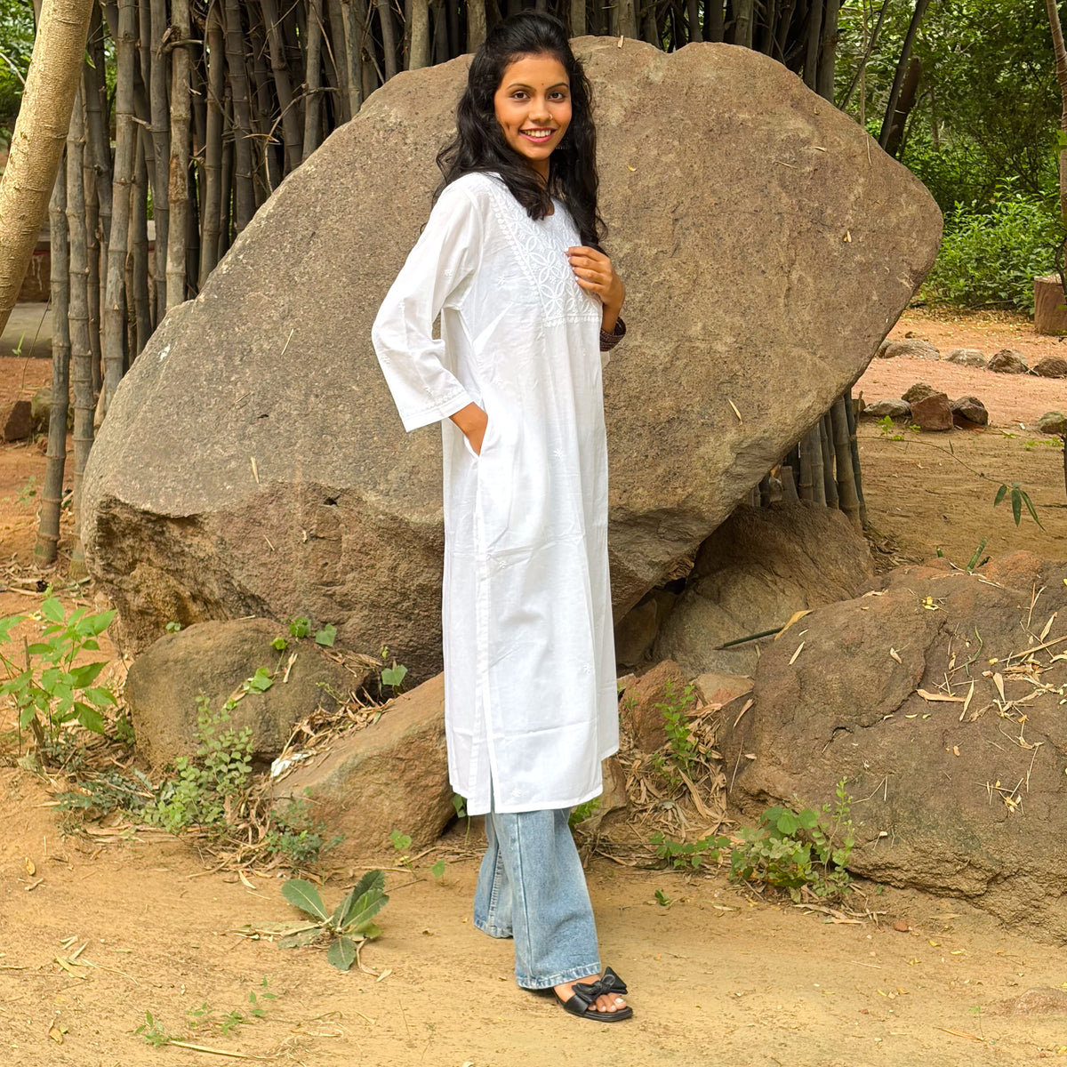 White Cotton Chikankari Long Kurta With Contemporary Look