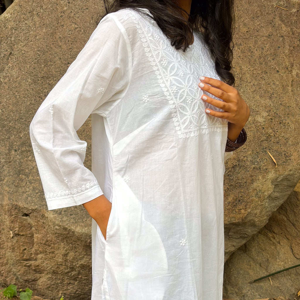 White Cotton Chikankari Long Kurta With Contemporary Look
