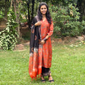 Orange Katan Silk Printed Kurta, Pant & Dupatta Set