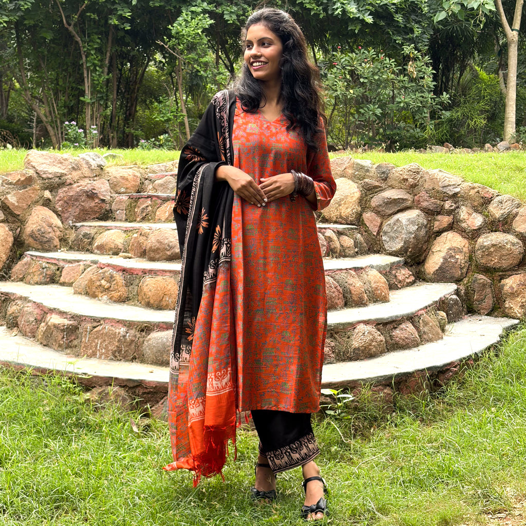 Orange Katan Silk Printed Kurta, Pant & Dupatta Set
