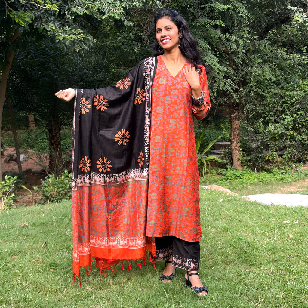 Orange Katan Silk Printed Kurta, Pant & Dupatta Set