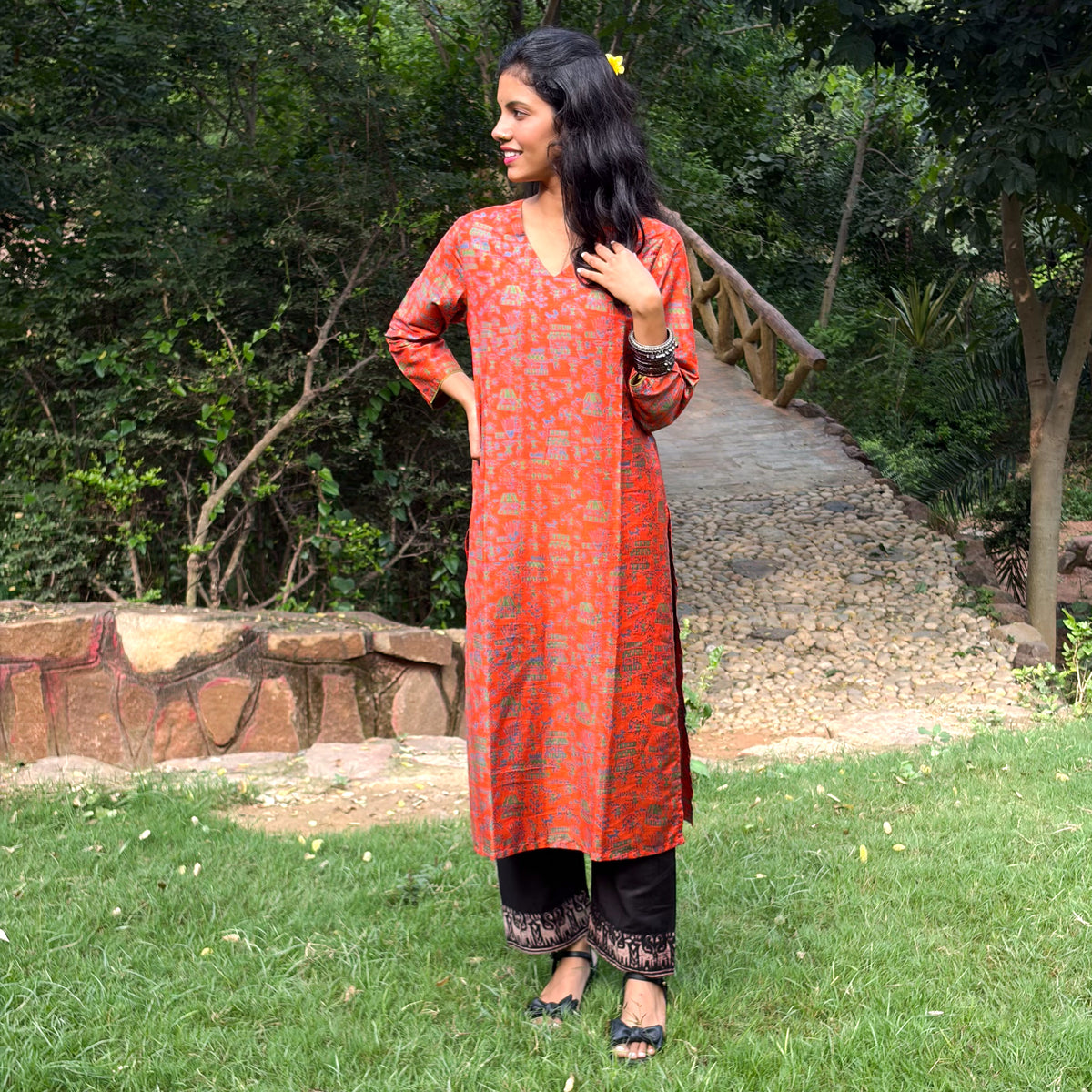 Orange Katan Silk Printed Kurta, Pant & Dupatta Set
