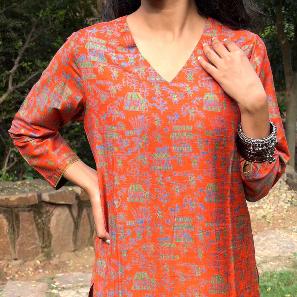 Orange Katan Silk Printed Kurta, Pant & Dupatta Set