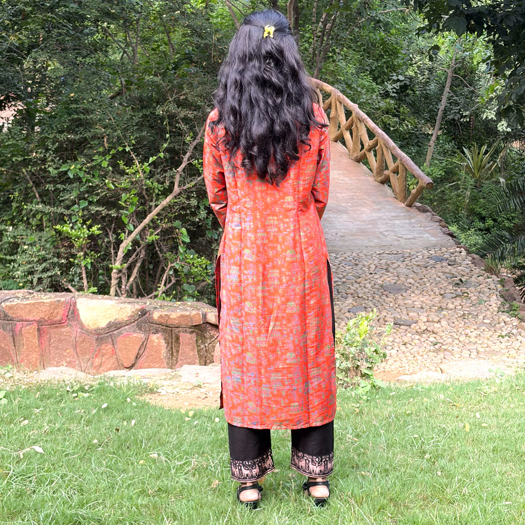 Orange Katan Silk Printed Kurta, Pant & Dupatta Set
