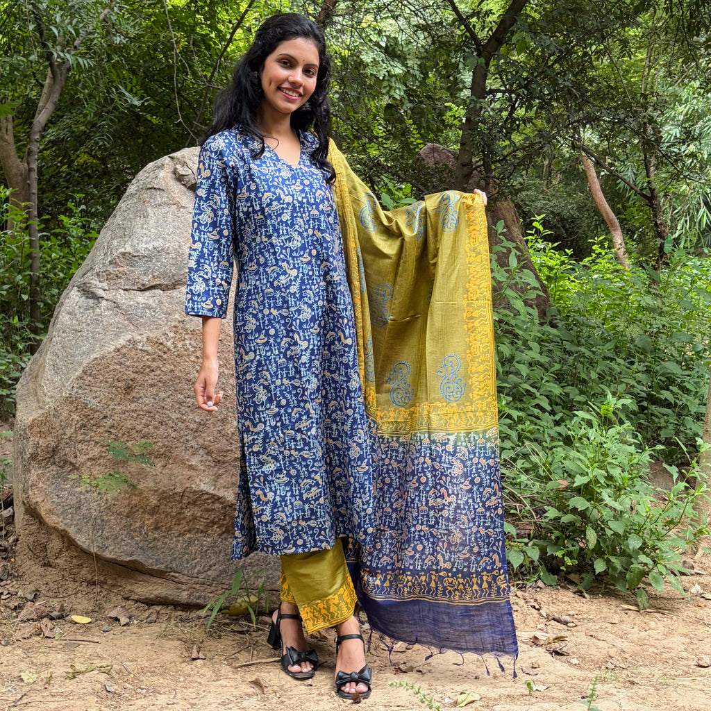 Blue-Green Katan Silk Kurta, Pant & Dupatta Set