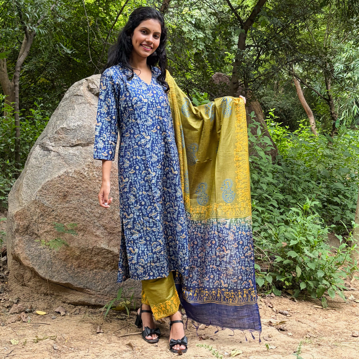 Blue-Green Katan Silk Kurta, Pant & Dupatta Set