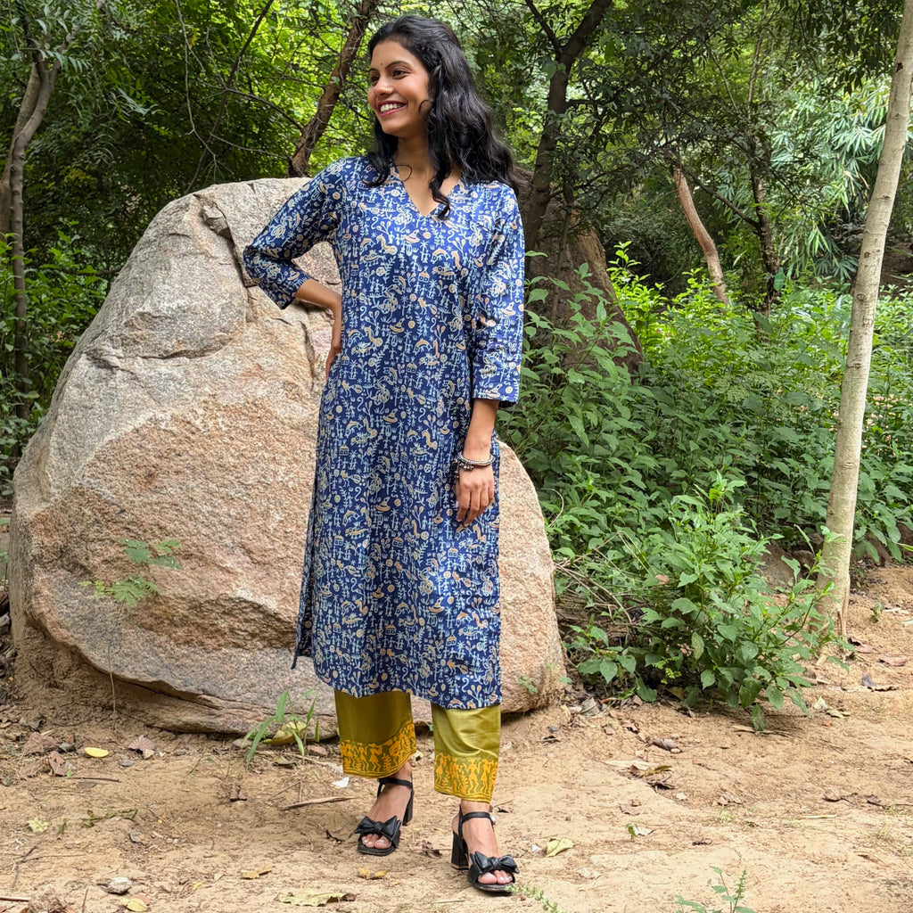 Blue-Green Katan Silk Kurta, Pant & Dupatta Set