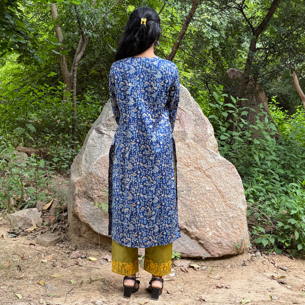 Blue-Green Katan Silk Kurta, Pant & Dupatta Set