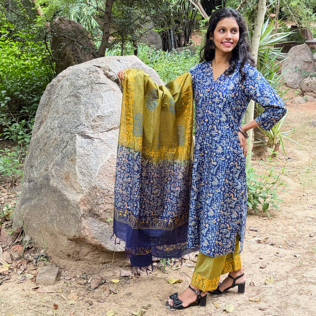 Blue-Green Katan Silk Kurta, Pant & Dupatta Set