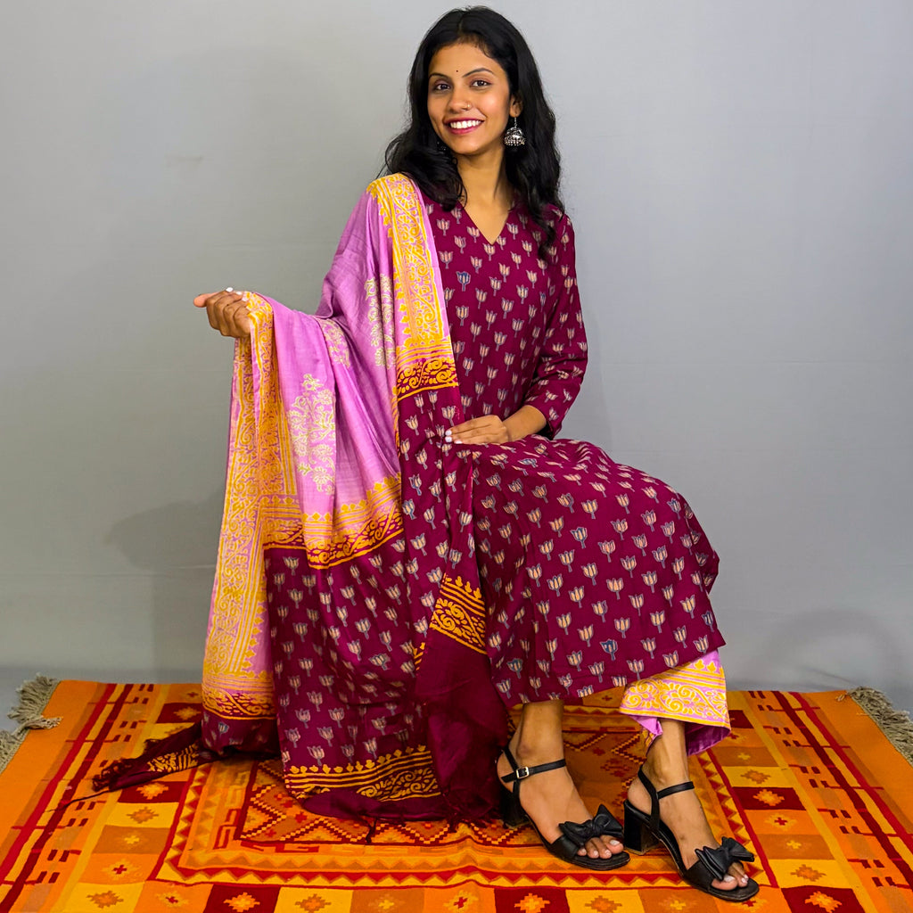 Maroon Silk printed kurta pant and dupatta set