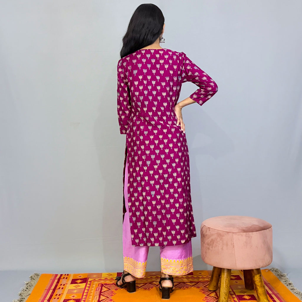 Maroon Silk printed kurta pant and dupatta set