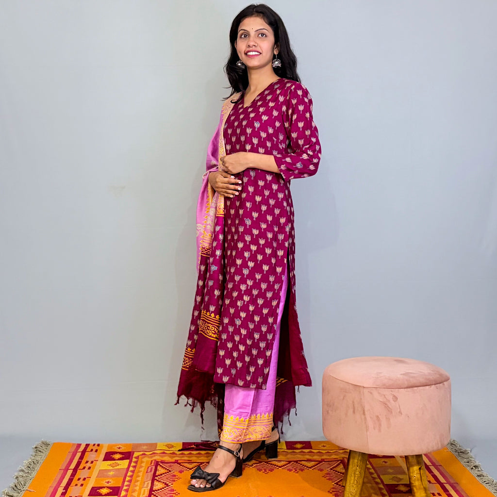 Maroon Silk printed kurta pant and dupatta set