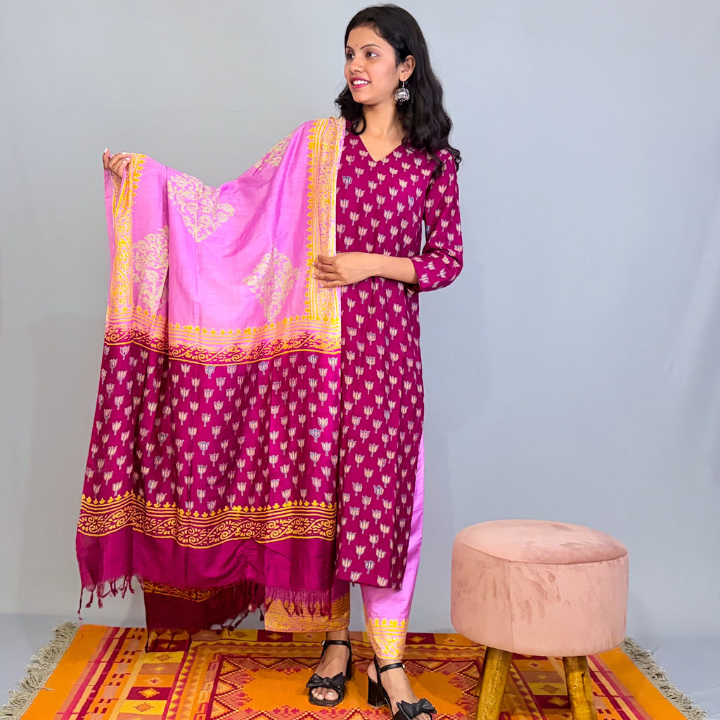 Maroon Silk printed kurta pant and dupatta set