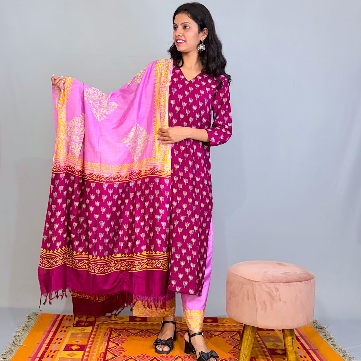 Maroon Silk printed kurta pant and dupatta set